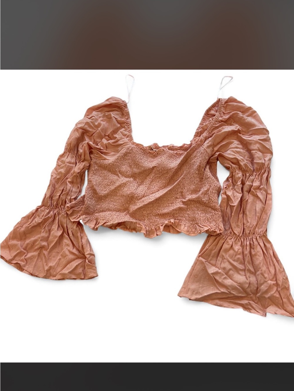 Francesca's Collections Rusty Rose Smocked Crop Top with Bell Sleeves